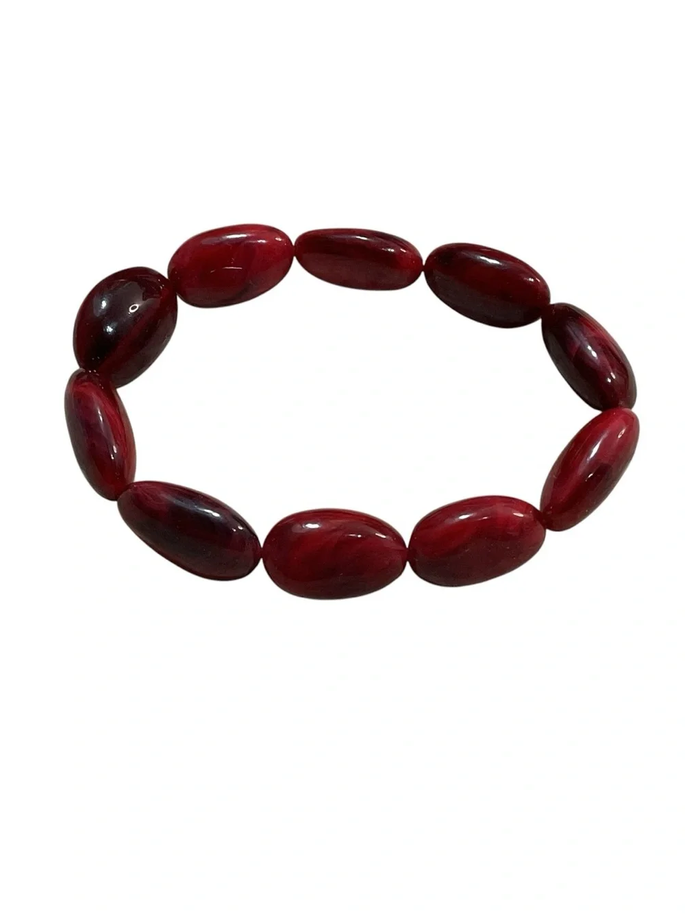 Marbled Ruby Red Oval Bead Stretch Bracelet Chunky Statement Jewelry